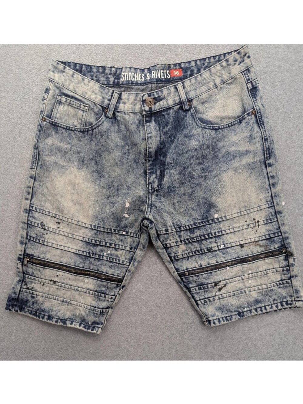 Stitches & Rivets Denim Shorts Mens 36 Blue Biker Moto Zip Pockets 12 Inseam